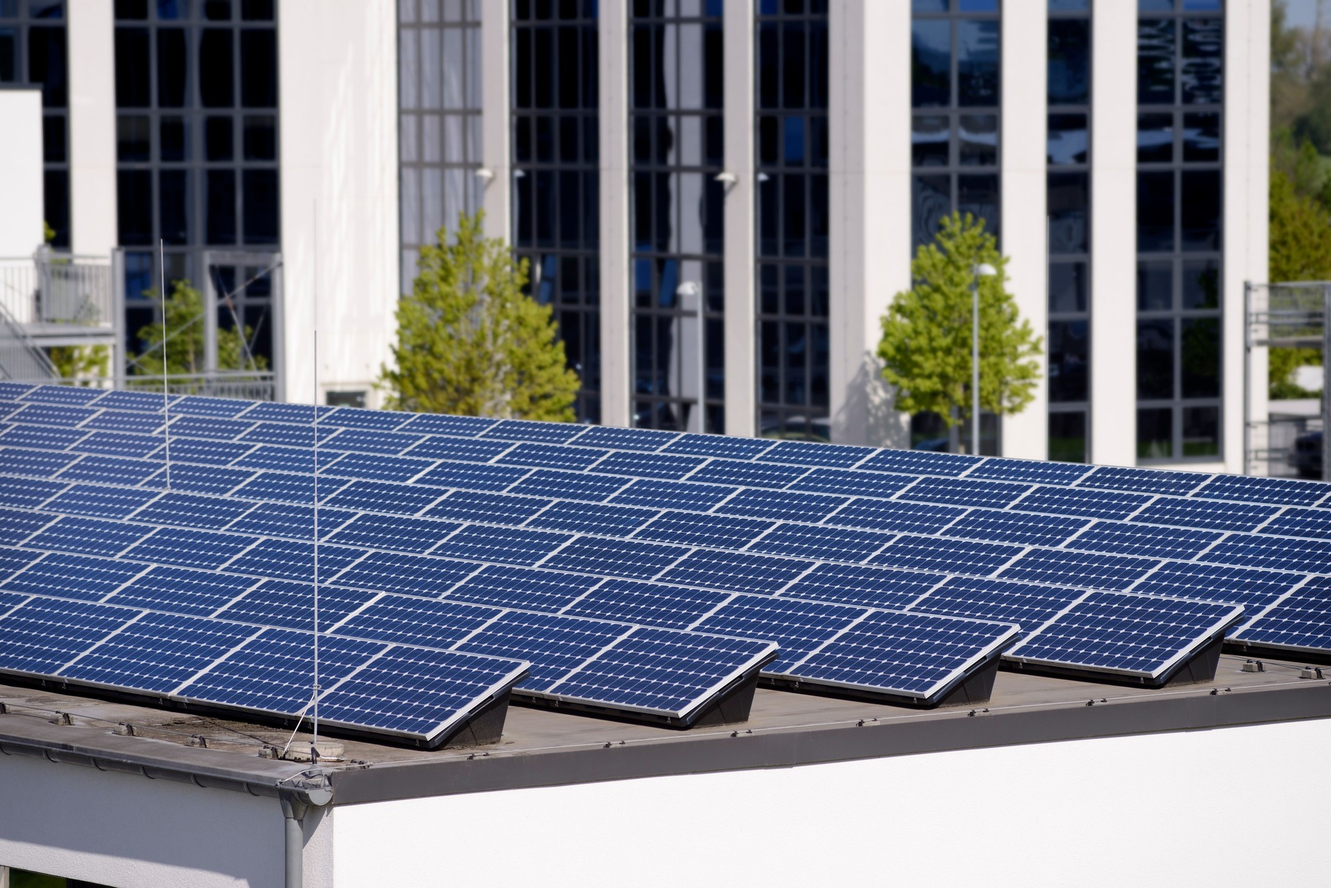 New solar panels on the roof of an industrial building